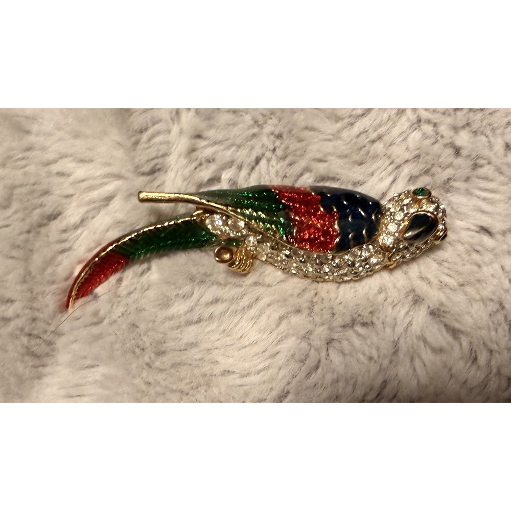 Vintage Unsigned Crystal Parrot Brooch Blue Red & Green Enamel, Green Eyes